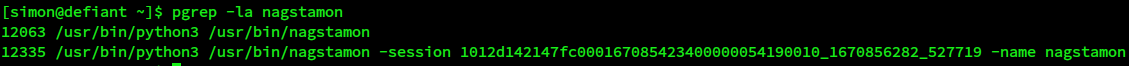 pgrep output showing two processes, one of them with a -session argument