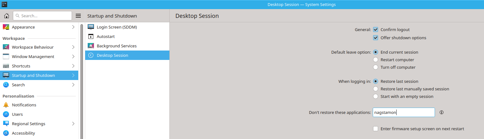 Plasma settings, add the string nagstamon to the "Don't restore these applications field", or select "Start with an empty session"